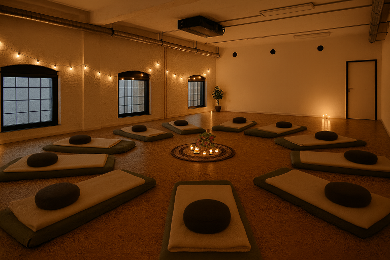 Opstelling van matrassen in cirkel voor een ademcirkel sessie