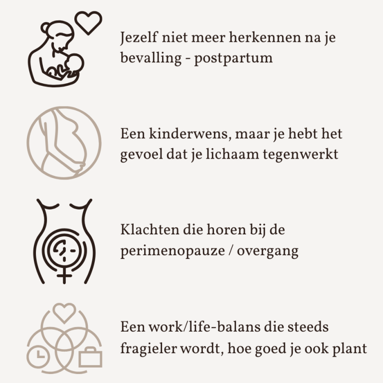 Opsomming van hormonale klachten zoals stemmingswisselingen, cyclusklachten en energiedips